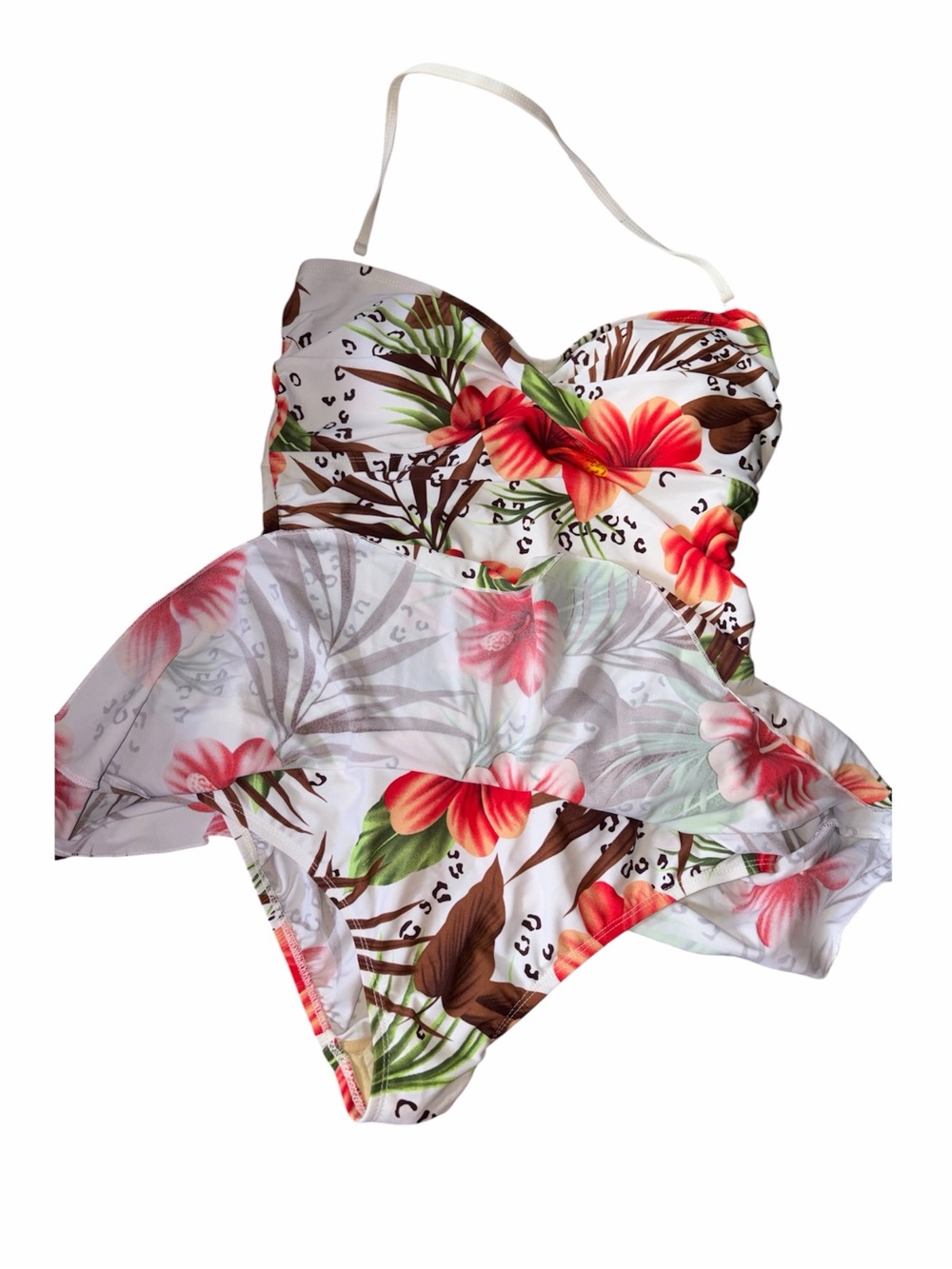 Tropical Floral White Mini dress  Swimsuit with Halter Strapand underneath brief